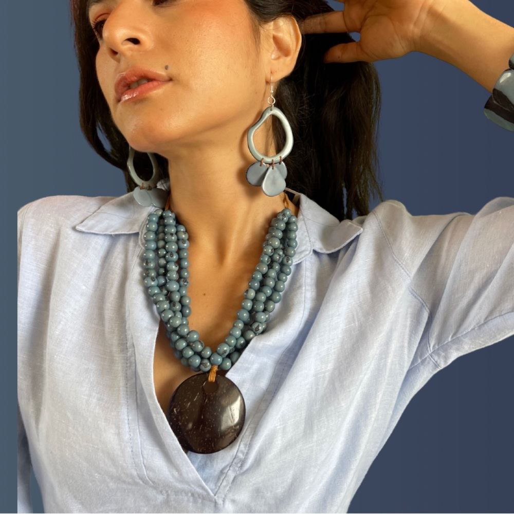 ACAI Y COCONUT Unique Jewelry Statement Necklace Ecuador Artisan Gift denim blue
